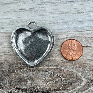 Large Silver Rhinestone Heart Pendant, Vintage Smooth Crystal Heart Charm, Jewelry Making Supplies, Components, PW-6326