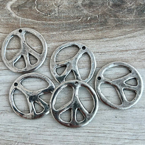 Peace Sign Pendant, Smooth Silver Pewter, Symbol Charm, Artisan Jewelry Findings, PW-6305