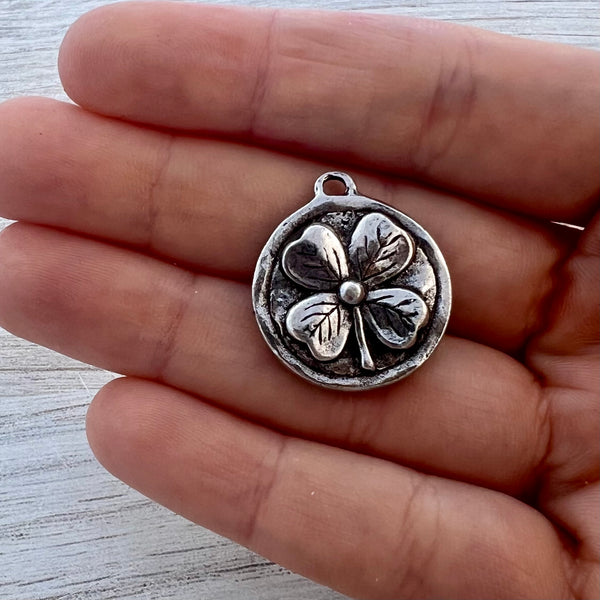 Load image into Gallery viewer, Soldered Shamrock Pendant, Irish Claddagh Charm, Four Leaf Clover Antiqued Silver, Jewelry Making Supplies, PW-6283
