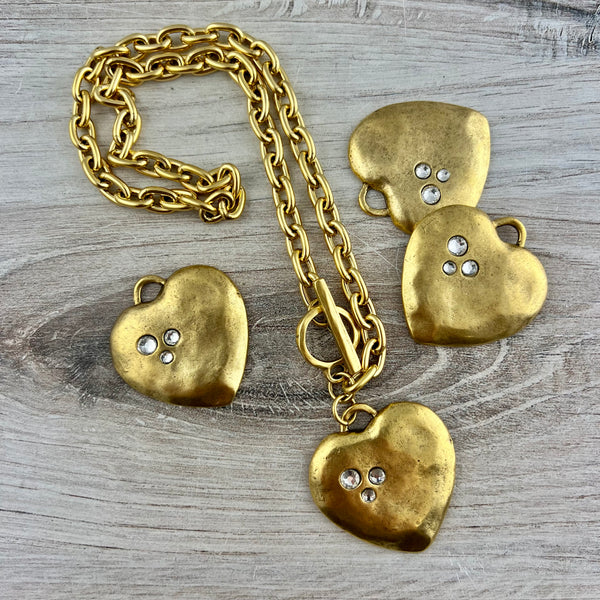 Load image into Gallery viewer, Large Gold Rhinestone Heart Pendant, Vintage Smooth Crystal Heart Charm, Jewelry Making Supplies, Components GL-6326
