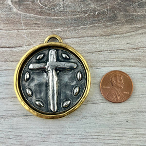 Mixed Metal Cross Coin Pendant, Large Gold and Silver Crown Coin, Jewelry Making Supplies, GL-6301