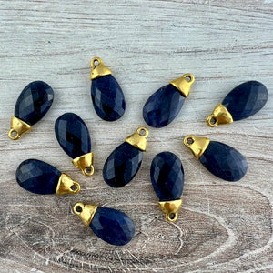 Blue Jade Pear Faceted Briolette Drop Pendant with Antique Gold Bead Cap, Gemstone, Jewelry Making Artisan Findings, GL-S046