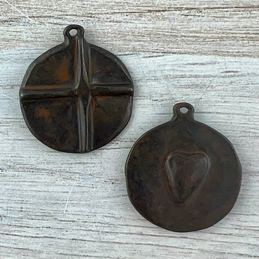 Circle Cross Heart Charm, Antiqued Rustic Brown Pendant, Jewelry Findings, BR-6294
