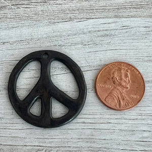 Peace Sign Pendant, Rustic Brown Smooth Symbol Charm, Artisan Jewelry Findings, BR-6305