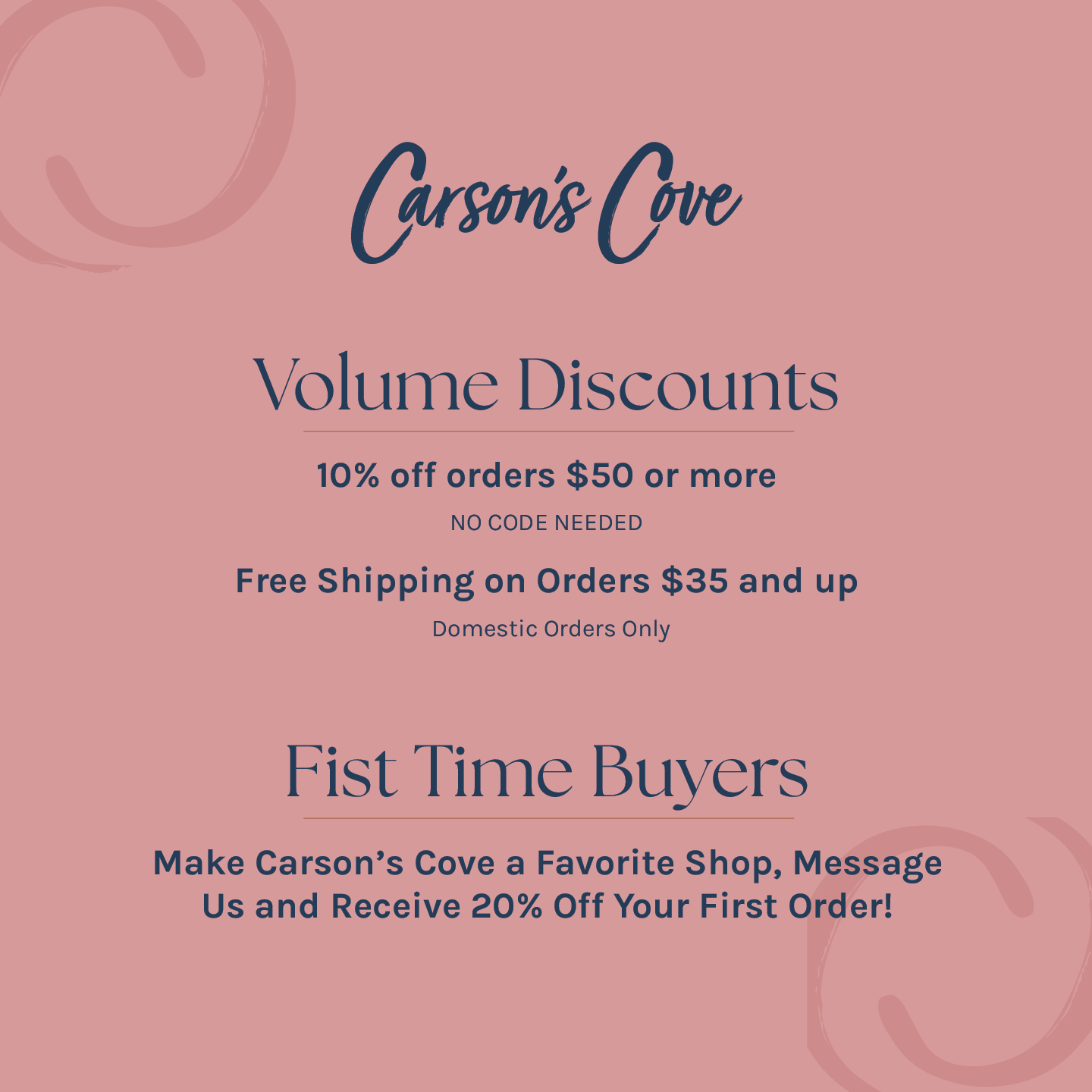 The image is a promotional advertisement for Carson's Cove, featuring a pink background with text and a graphic design.