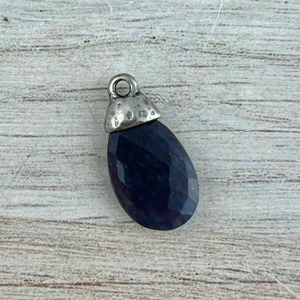 Load image into Gallery viewer, Blue Jade Pear Faceted Briolette Drop Pendant with Antique Pewter Bead Cap, Gemstone, Jewelry Making Artisan Findings, PW-
