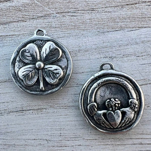 Soldered Shamrock Pendant, Irish Claddagh Charm, Four Leaf Clover Antiqued Silver, Jewelry Making Supplies, PW-6283