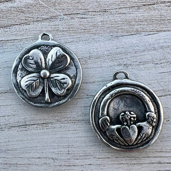 Load image into Gallery viewer, Soldered Shamrock Pendant, Irish Claddagh Charm, Four Leaf Clover Antiqued Silver, Jewelry Making Supplies, PW-6283
