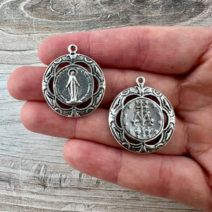 Round Filigree Miraculous Mary Medal, Catholic Silver Religious Jewelry Pendant, Charm SL-6318