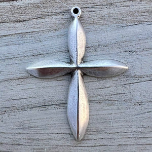 Large Cross Pendant, Silver Petal Religious Charm for Jewelry Making, Supplies, SL-6279