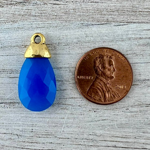 Blue Chalcedony Pear Faceted Briolette Drop Pendant with Antique Gold Bead Cap, Jewelry Making Artisan Findings, GL-S043