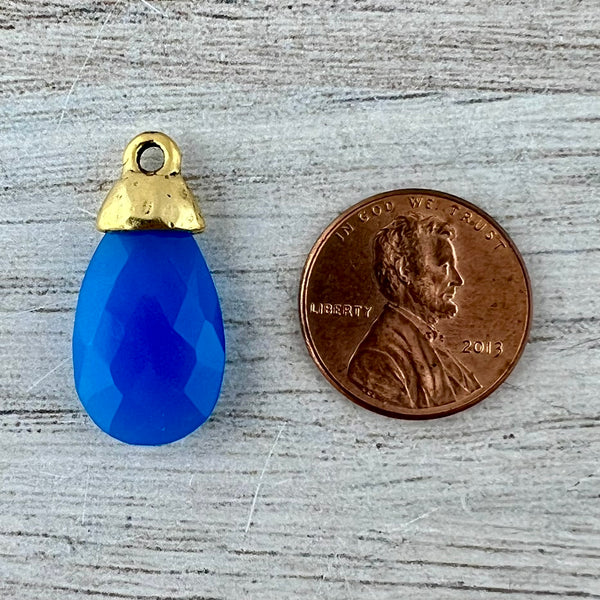 Load image into Gallery viewer, Blue Chalcedony Pear Faceted Briolette Drop Pendant with Antique Gold Bead Cap, Jewelry Making Artisan Findings, GL-S043
