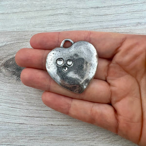 Large Silver Rhinestone Heart Pendant, Vintage Smooth Crystal Heart Charm, Jewelry Making Supplies, Components, PW-6326