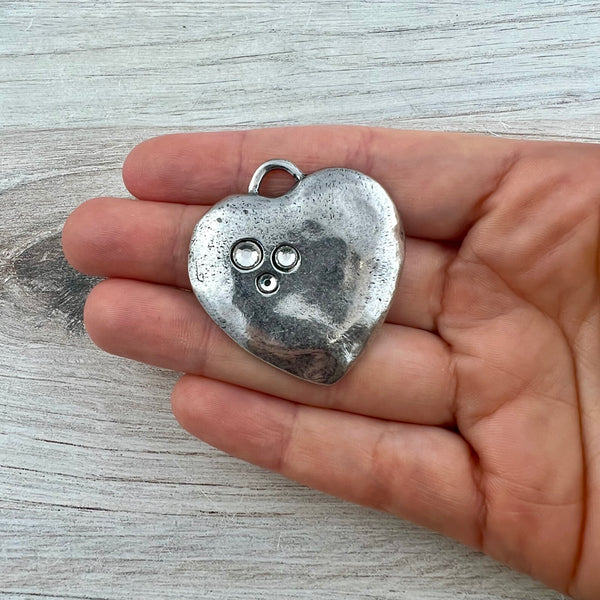 Load image into Gallery viewer, Large Silver Rhinestone Heart Pendant, Vintage Smooth Crystal Heart Charm, Jewelry Making Supplies, Components, PW-6326
