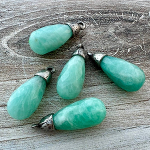 Amazonite Faceted Teardrop Briolette Drop Pendant with Silver Pewter Bead Cap, Jewelry Making Artisan Findings, PW-S039