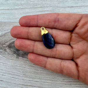 Blue Jade Pear Faceted Briolette Drop Pendant with Antique Gold Bead Cap, Gemstone, Jewelry Making Artisan Findings, GL-S046