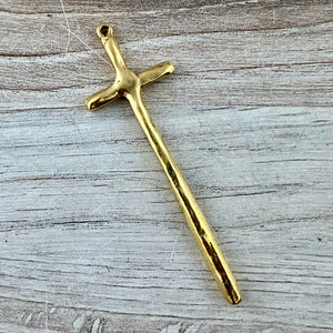 Tall Skinny Hammered Cross Pendant, Gold Cross, Charm for Jewelry Making Supplies, GL-6315