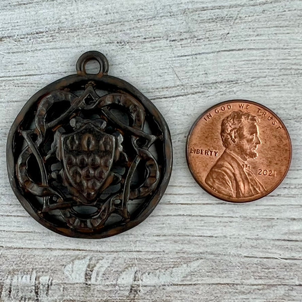 Load image into Gallery viewer, Coat of Arms Medallion Pendant, Old World Antiqued Rustic Brown Charm, Jewelry Findings, BR-6299
