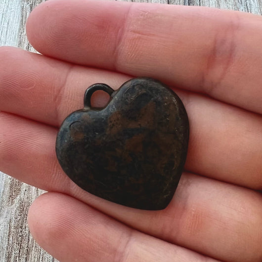 Brown Heart Pendant, Vintage Smooth Heart Charm, Jewelry Making, BR-6267