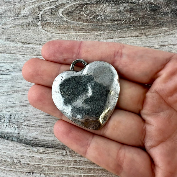 Load image into Gallery viewer, Large Silver Heart Pendant, Vintage Smooth Wavy Heart Charm, Jewelry Making Supplies, Components, PW-6317
