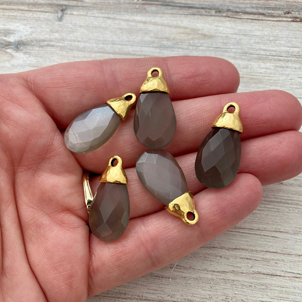 Load image into Gallery viewer, Gray Moonstone Faceted Pear Briolette Drop Pendant with Gold Pewter Bead Cap, Jewelry Making Artisan Findings, GL-S025
