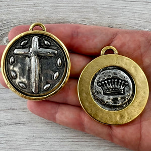 Mixed Metal Cross Coin Pendant, Large Gold and Silver Crown Coin, Jewelry Making Supplies, GL-6301