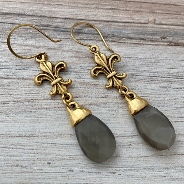 Load image into Gallery viewer, Gray Moonstone Faceted Pear Briolette Drop Pendant with Gold Pewter Bead Cap, Jewelry Making Artisan Findings, GL-S025
