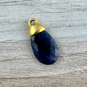 Blue Jade Pear Faceted Briolette Drop Pendant with Antique Gold Bead Cap, Gemstone, Jewelry Making Artisan Findings, GL-S046