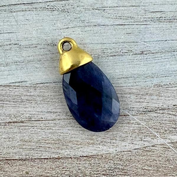 Load image into Gallery viewer, Blue Jade Pear Faceted Briolette Drop Pendant with Antique Gold Bead Cap, Gemstone, Jewelry Making Artisan Findings, GL-S046
