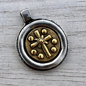 Mixed Metal Circle Cross Bezel Pendant, Gold and Silver, Jewelry Making Supplies, PW-6293