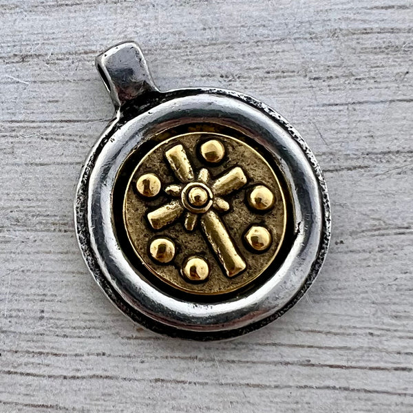 Load image into Gallery viewer, Mixed Metal Circle Cross Bezel Pendant, Gold and Silver, Jewelry Making Supplies, PW-6293
