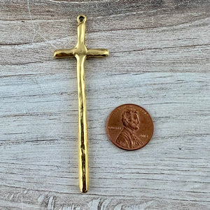 Tall Skinny Hammered Cross Pendant, Gold Cross, Charm for Jewelry Making Supplies, GL-6315