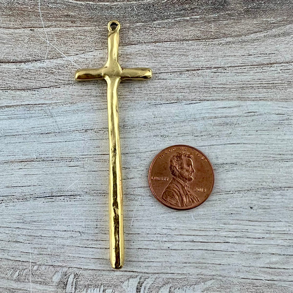 Load image into Gallery viewer, Tall Skinny Hammered Cross Pendant, Gold Cross, Charm for Jewelry Making Supplies, GL-6315
