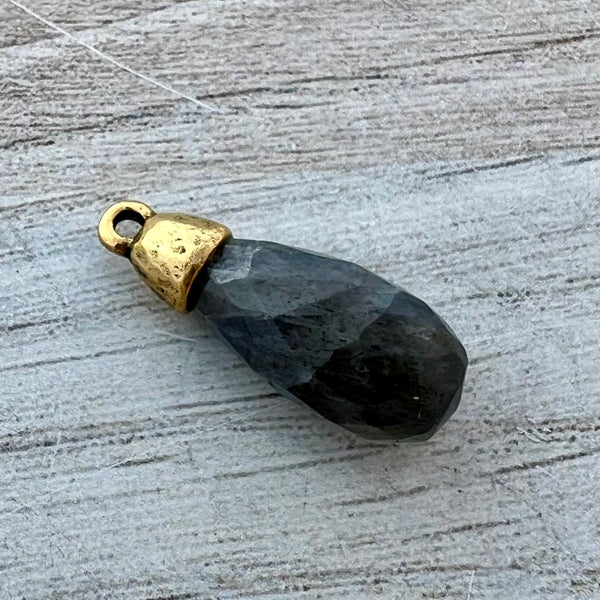 Load image into Gallery viewer, Labradorite Faceted Teardrop Briolette Drop Pendant with Gold Pewter Bead Cap, Jewelry Making Artisan Findings, GL-S040
