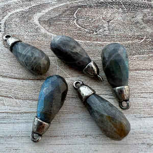 Labradorite Faceted Teardrop Briolette Drop Pendant with Silver Pewter Bead Cap, Jewelry Making Artisan Findings, PW-S040