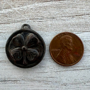 Soldered Shamrock Pendant, Irish Claddagh Charm, Four Leaf Clover Antiqued Brown, Jewelry Making Supplies, BR-6283