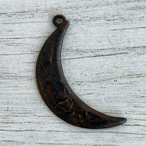 Textured Crescent Moon Pendant, Rustic Brown Celestial Charm, Jewelry Findings, BR-6306