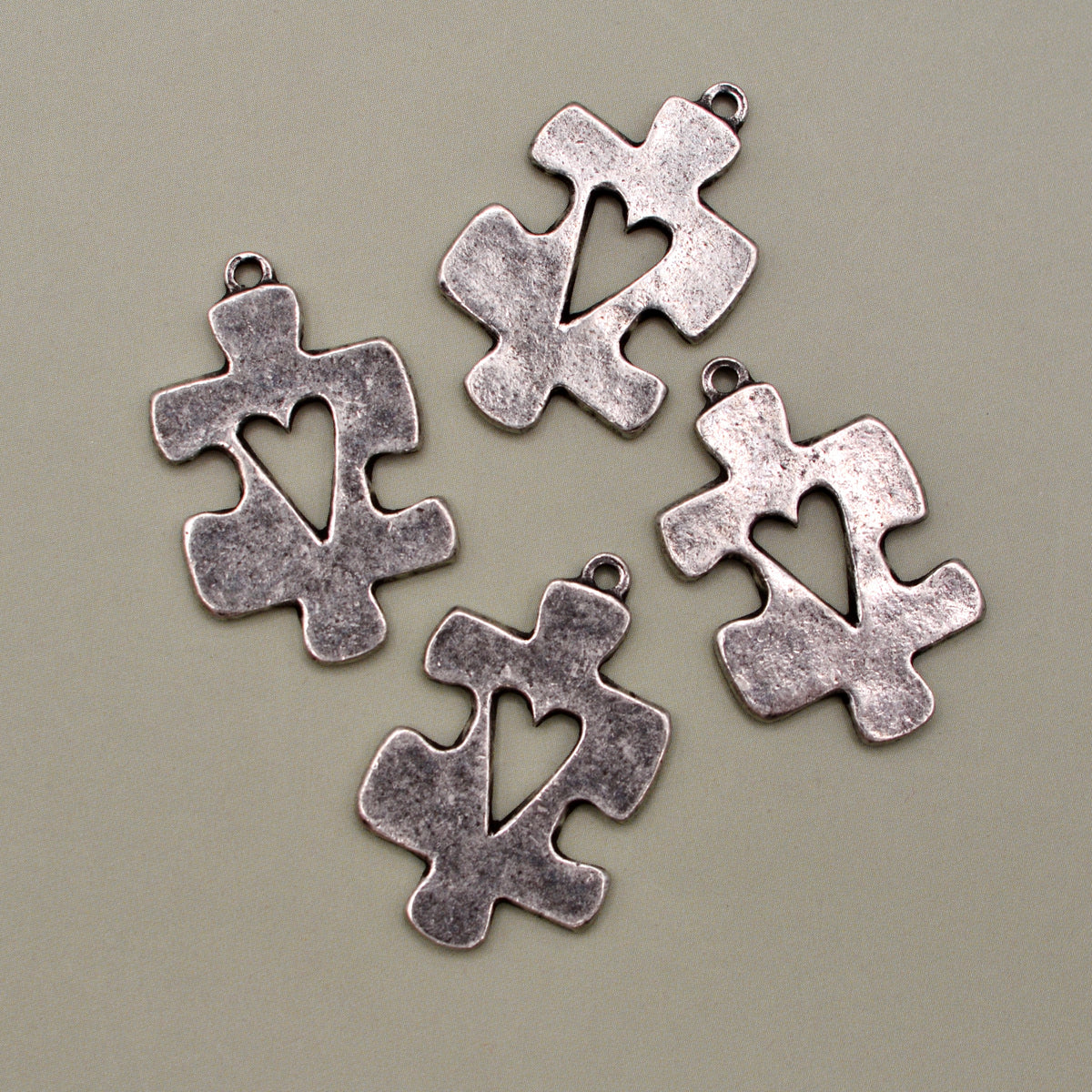 Puzzle Piece Heart Charm, Medium Silver Pendant, Jewelry Making Artisan Findings, PW-6553