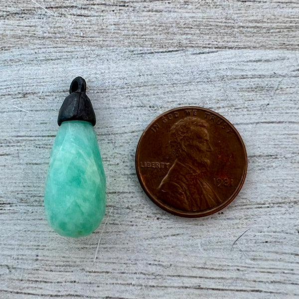 Load image into Gallery viewer, Amazonite Faceted Teardrop Briolette Drop Pendant with Gold Pewter Bead Cap, Jewelry Making Artisan Findings, BR-S039
