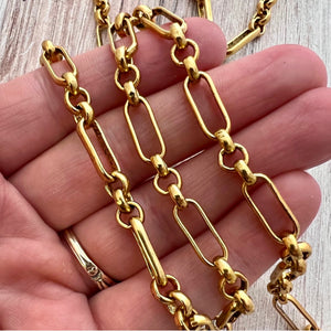 Gold Clip Chain, Alternating Long and Short Links, Chain by the Foot, Oval Cable, Jewelry Supplies, GL-2046