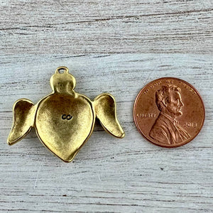 Smooth Winged Heart Pendant, Crowned Antiqued Gold Heart Charm, Artisan Jewelry Findings Components, GL-6310