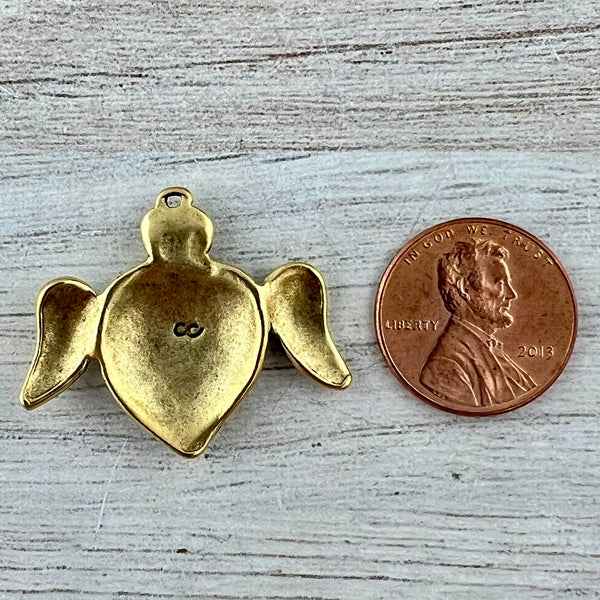 Load image into Gallery viewer, Smooth Winged Heart Pendant, Crowned Antiqued Gold Heart Charm, Artisan Jewelry Findings Components, GL-6310
