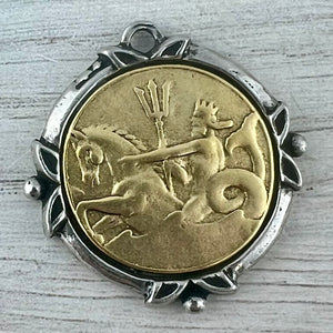 Poseidon Neptune God of the Sea Charm, Gold and Silver Mixed Metal Pendant, Jewelry Making Medal, GL-6320