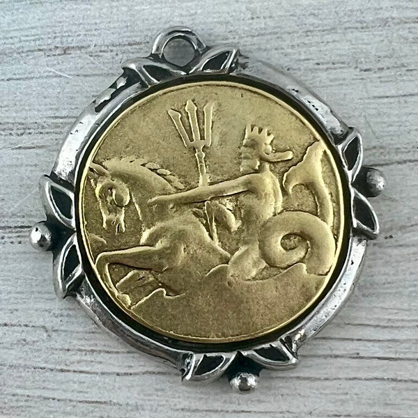 Load image into Gallery viewer, Poseidon Neptune God of the Sea Charm, Gold and Silver Mixed Metal Pendant, Jewelry Making Medal, GL-6320
