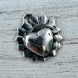 Sacred Heart, Flaming Ruffled Scalloped Heart, Antiqued Silver Charm Pendant, Jewelry Findings, PW-6308