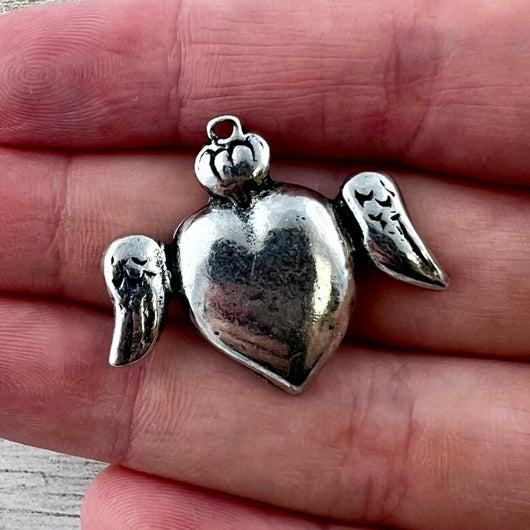 Smooth Winged Heart Pendant, Silver Crowned Charm, Artisan Jewelry Findings, Components PW-6310