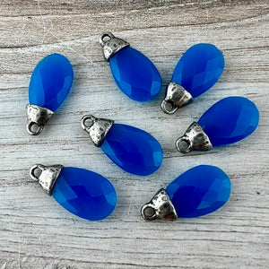 Blue Chalcedony Pear Faceted Briolette Drop Pendant with Antique Pewter Bead Cap, Jewelry Making Artisan Findings, PW-S043