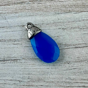 Blue Chalcedony Pear Faceted Briolette Drop Pendant with Antique Pewter Bead Cap, Jewelry Making Artisan Findings, PW-S043