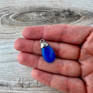 Blue Chalcedony Pear Faceted Briolette Drop Pendant with Antique Pewter Bead Cap, Jewelry Making Artisan Findings, PW-S043