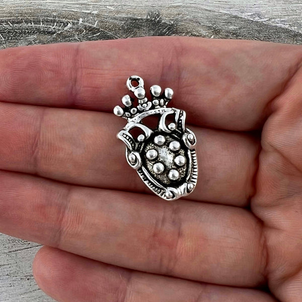 Load image into Gallery viewer, Old World Dotted Shield Medallion Charm, Antiqued Silver Crown Pendant, Jewelry Findings, SL-6300
